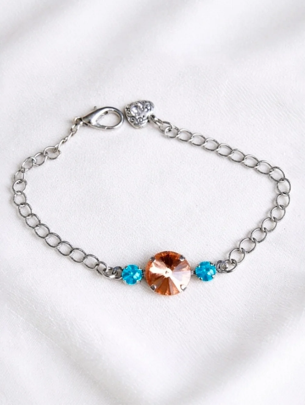 Blue & Orange Crystal Silver Chain Bracelet | Handmade